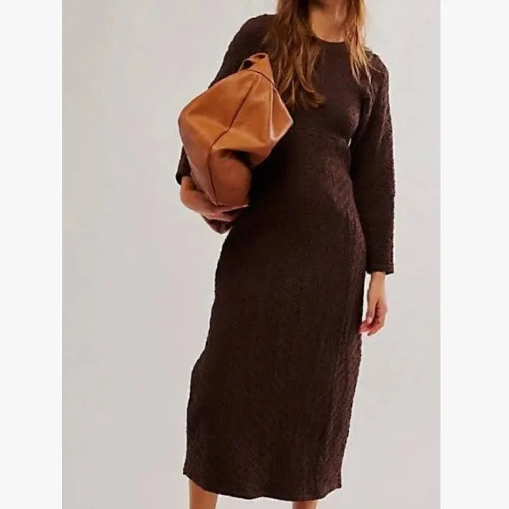 NWOT Free People Gabby Seamless MIDI Dress Brown Long Sleeve Texture Open Back